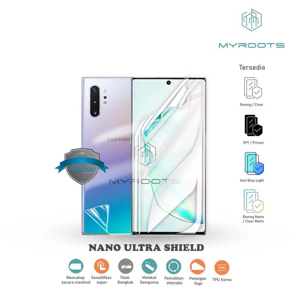 ANTI GORES JELLY HYDROGEL SAMSUNG NOTE 10 NOTE 10+ PLUS NOTE 10 LITE NOTE 9 NOTE 8 NOTE FE FULL DEPAN BELAKANG MYROOTS ANTI SPY BLUE GLARE MATTE