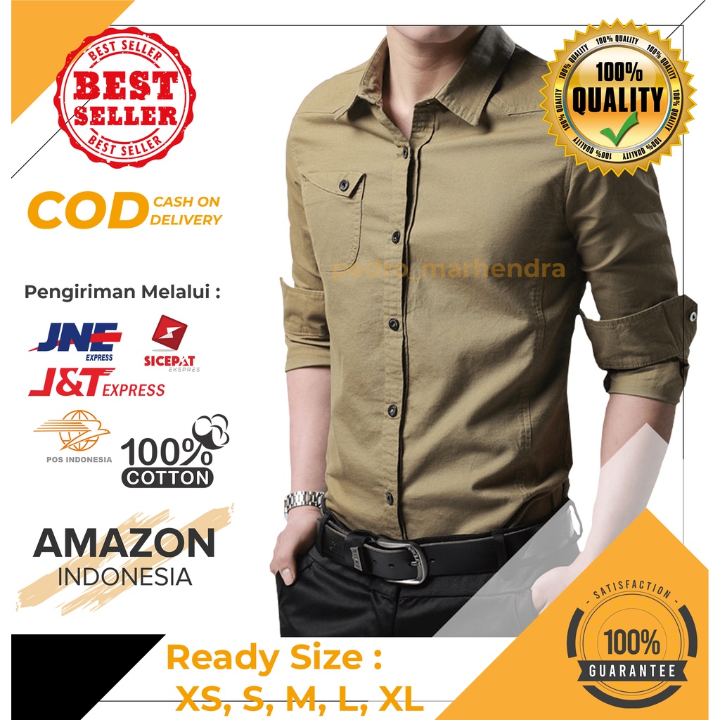 KEMEJA COWOK LENGAN PANJANG PAKAIAN ATASAN PRIA KANTOR WARNA KHAKIS BAHAN KATUN STRETCH ORIGINAL IMPORT