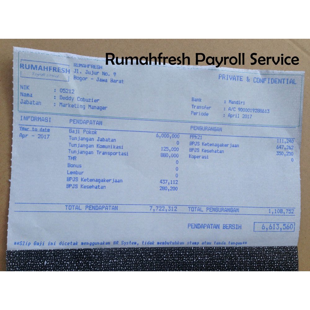 Cetakan Kertas Slip Gaji 3ply Confidential Continous Rumahfresh Payroll Cetak Custom Murah Shopee Indonesia