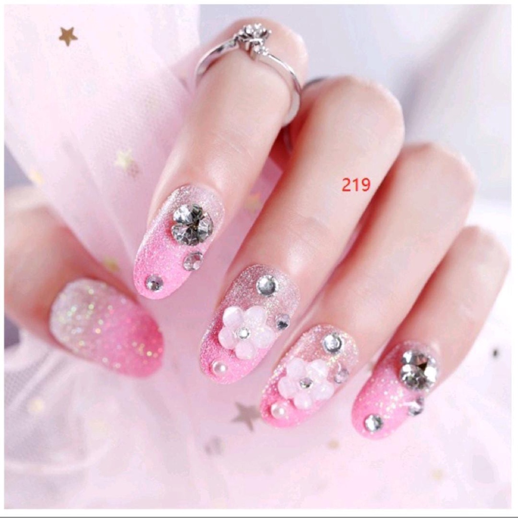 PINK PURPLE WEDDING 3D FLOWER FAKE 24PCS / NAILS KUKU PALSU PERNIKAHAN PINK BUNGA 3D RHINESTONE