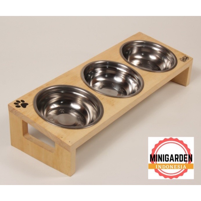 STANDING PET BOWL KAYU 3MANGKOK tempat makan minum hewan anjing kucing