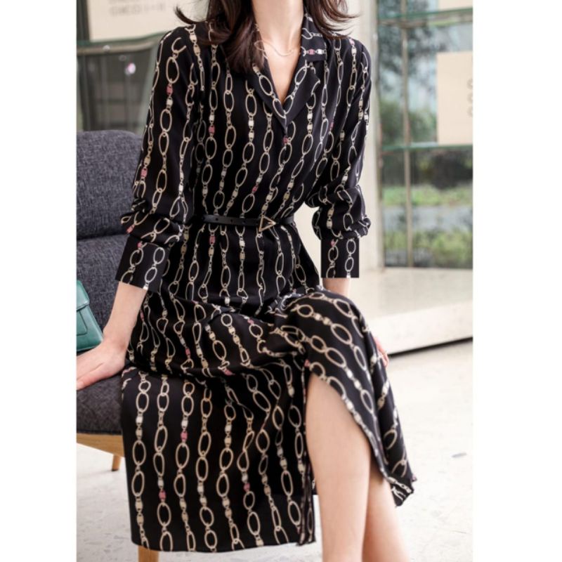 53120 (FreeBelt) Baju mididress midi dress gaun pesta lengan panjang hitam Korean style wanita impor
