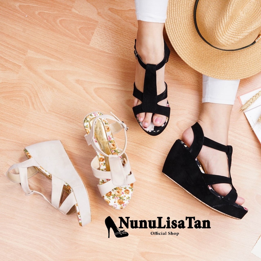 NunuLisaTan Wedges Wanita Pesta Santai Tali T-Strap TATAK BUNGA 7CM