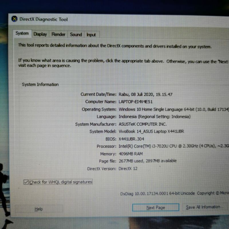 Laptop Asus Vivobook X441UBR Cor i3-7020U Ram 4GB/HDD 1TB Dualvga Nvdia Geforce MX110 Vram 2GB
