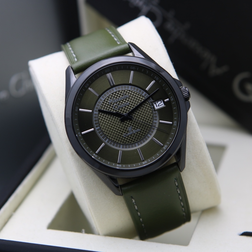 Jam Pria Alexandre Christie AC 8649 MD Black dial Green Leather Original