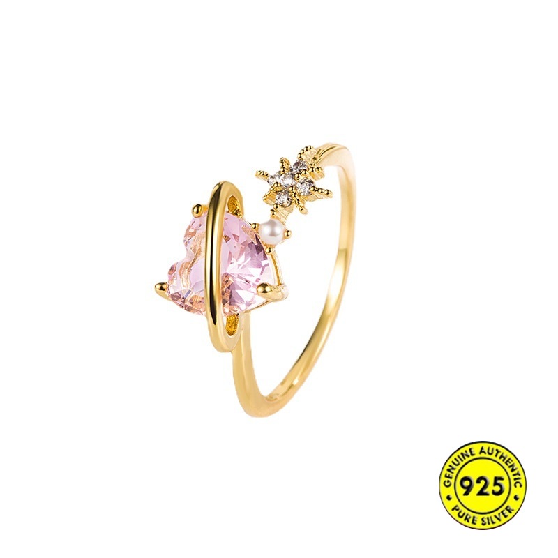 Cincin Model Terbuka Bahan Sterling Silver Gold Plated 18K Hias Zircon Pink Untuk Wanita