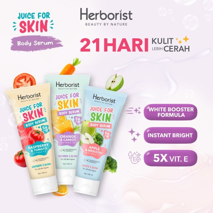 Herborist Juice For Skin Body Lotion Serum 180ML / Perawatan Tubuh Melembabkan Mencerahkan Moisturizing Brightening Glowing Orange Carrot Raspberry Tomato Apple Brocolli