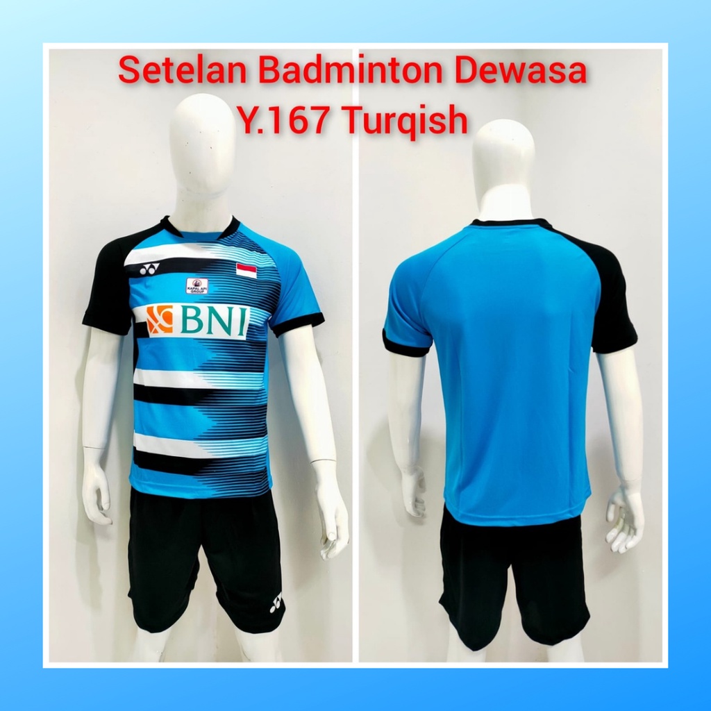 Kaos badminton pria jersey bulutangkis baju dan celana setelan wanita dewasa t-shirt outfit seragam jarsey kostum olahraga pakaian apparel sport jersy bulu tangkis casual jersi sudirman cup suit Y167 turqis sponsor