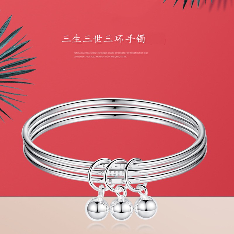 925 Sterling Silver Gelang Wanita Tiga Lingkaran Bell Gelang Fashion Jewelry