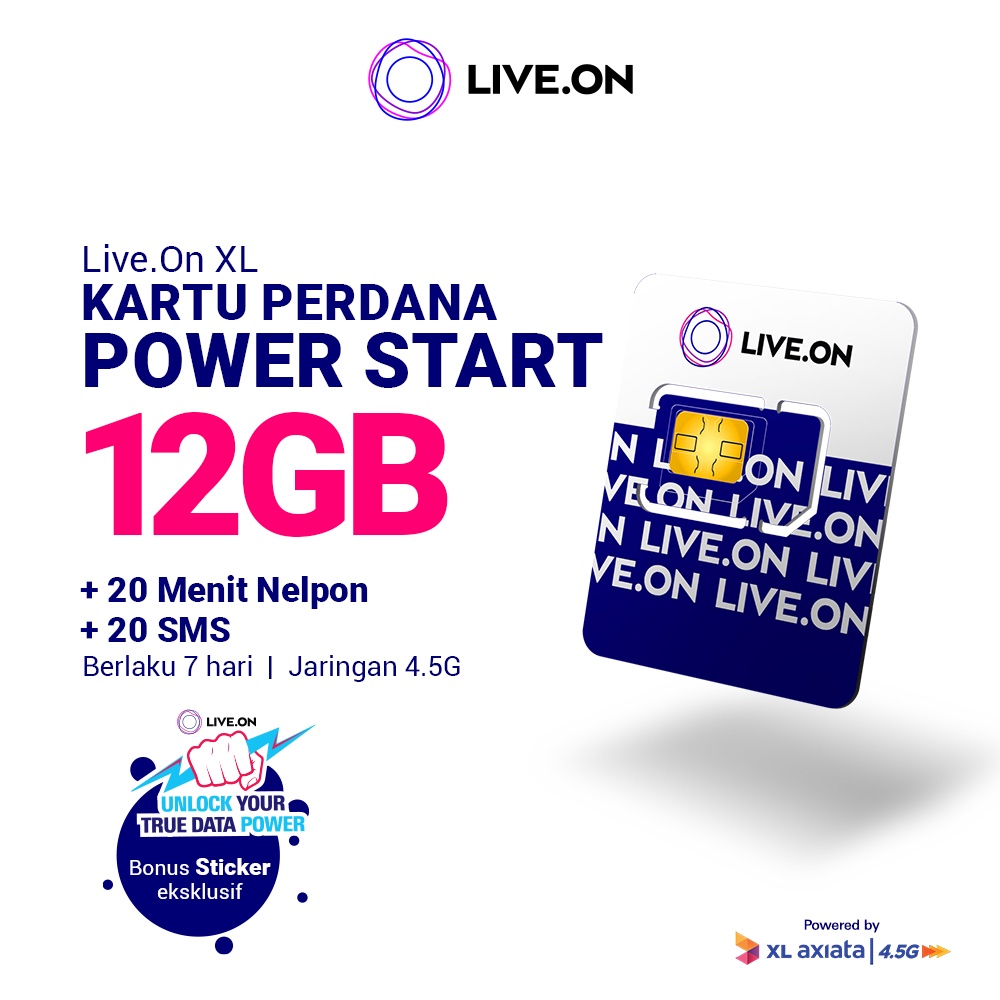 Kartu Perdana Live.On Power Start 12GB (7 hari) Jaringan 4.5G Gratis 20 Menit Nelpon + 20 SMS + Sticker C