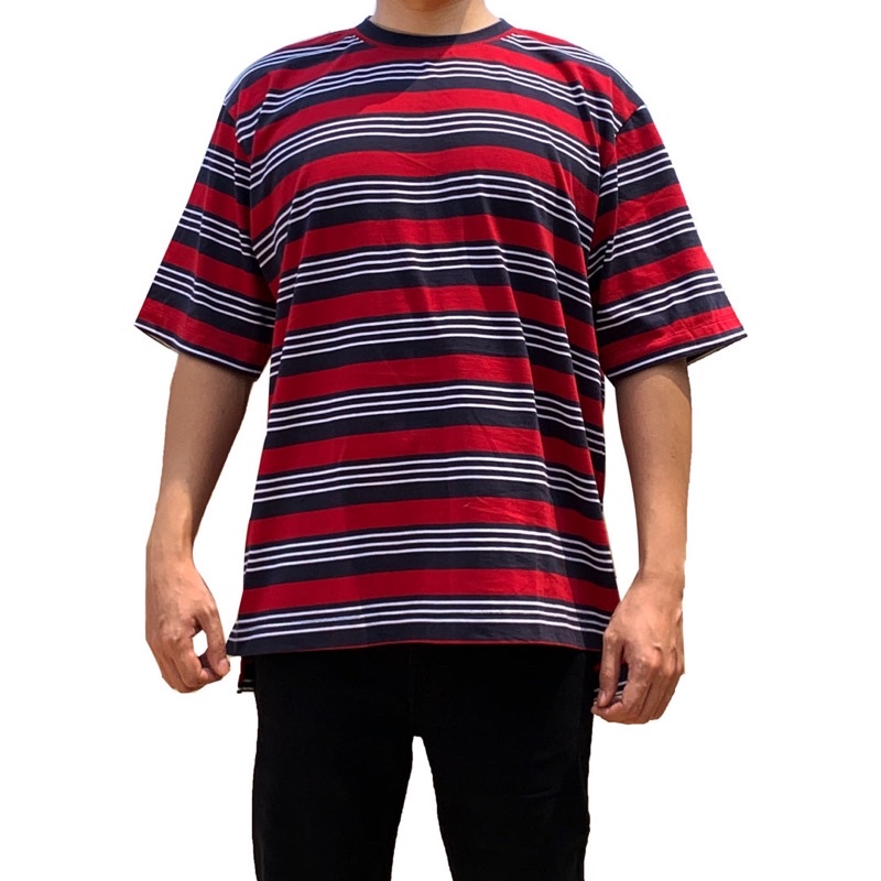 Kaos Oversize Pria Uniqlo Style Denimku T-Shirt Stripe Cotton - Motive Salur Lengan Pendek Katun