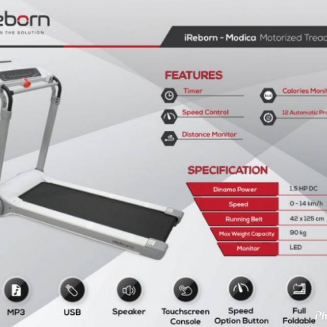 Treadmill Elektrik iReborn Modica Putih Layar Sentuh Lipat Penuh