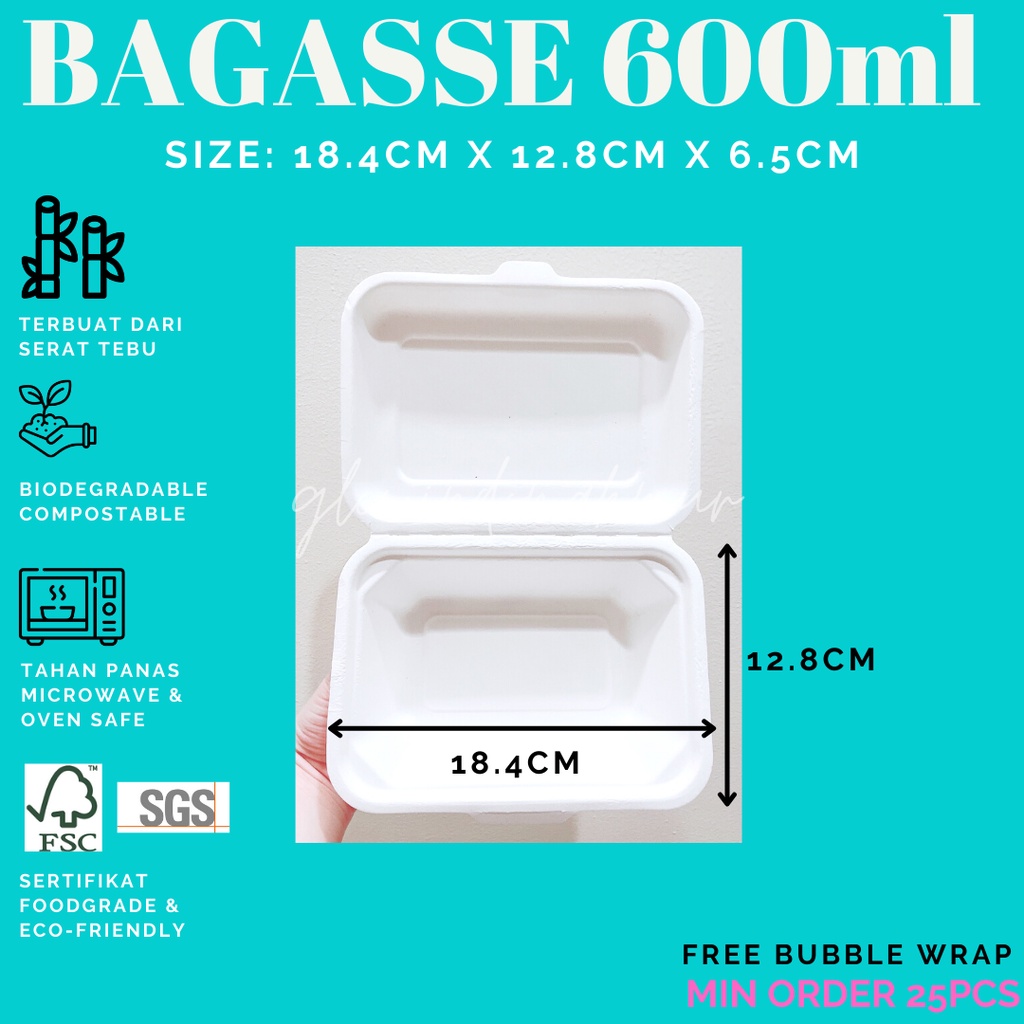 Bagasse Kotak 600ml Lunchbox Takeaway Sugarcane Serat Tebu ECO FRIENDLY