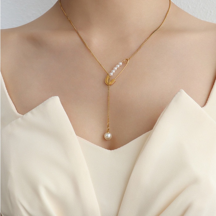 Bisa (COD) Kalung Tassel French Pin Mutiara / Titanium Necklace Fashion Korea