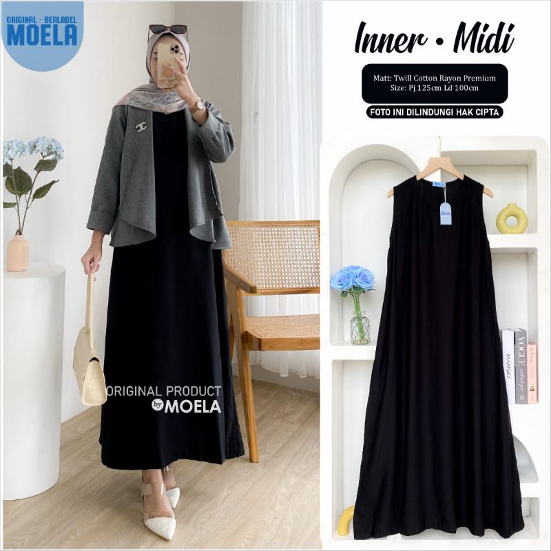 inner iner dress dres long Sleeve dalaman gamis hitam polos bahan rayon adem tanpa lengan