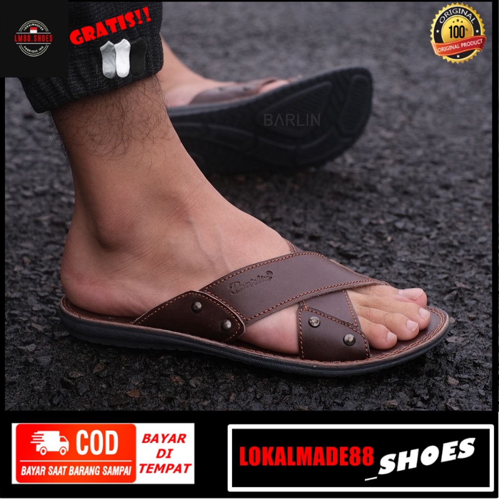 Sandal Pria Sandal Kulit Pria Sandal Jepit Pria Sandal Selop Pria Barlin Cakra Kulit Asli - Bonus Ka