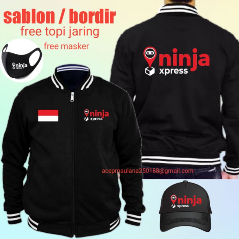 jaket baseball kurir ninja EXPRESS jaket kurir varsity bahan cotton fleece + topi + masker
