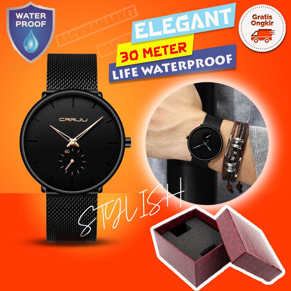 ⚑NEW⚑ * JAM TANGAN PRIA KEREN ELEGANT SIMPLE STAINLESS WATERPROOF STEEL MESH BELT WATCH CRRJU 2150