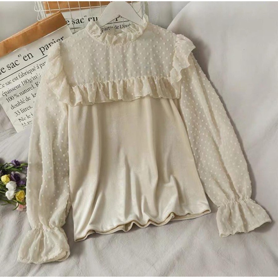 Blus Wanita Lengan Panjang Bahan Linen dan Hiasan Pita Bergaya Korea Brukat Polkadot Termurah Z5A2