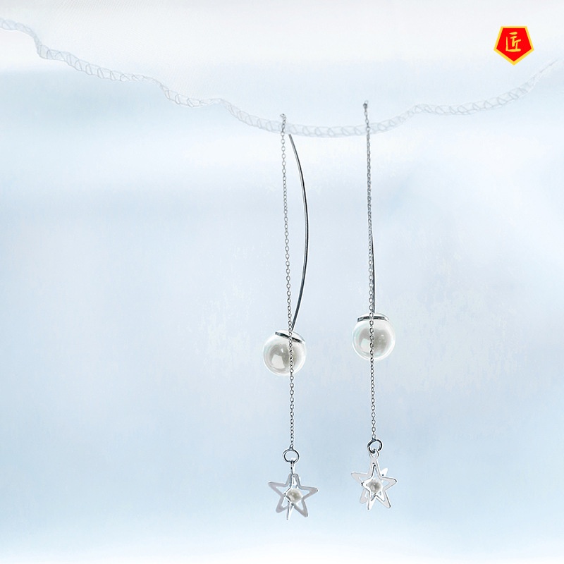 [Ready Stock]Refined Long Tassel Pentagram Pearl Earrings