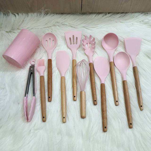 11 pc set spatula masak +gelas untensil kayu sutil sodet centong whisk tongs kuas pink