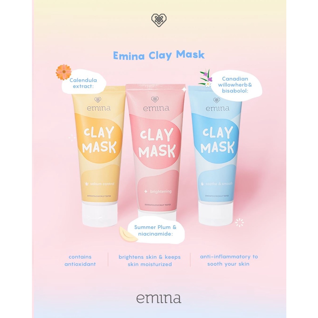 ✿ELYSABETHME✿ ˜”*°• emina •°*”˜. emina clay mask masker wajah lembut mud mugwort warna warni cocok untuk remaja dan dewasa mengecilkan pori jerawat komedo