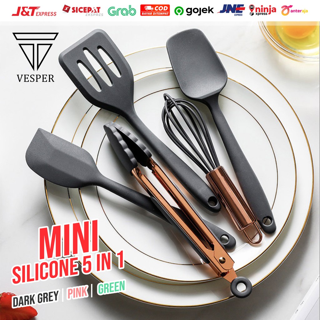 silicone kitchen utensils mini 5in1 / alat masak silikon set spatula sutil egg beater food clip set