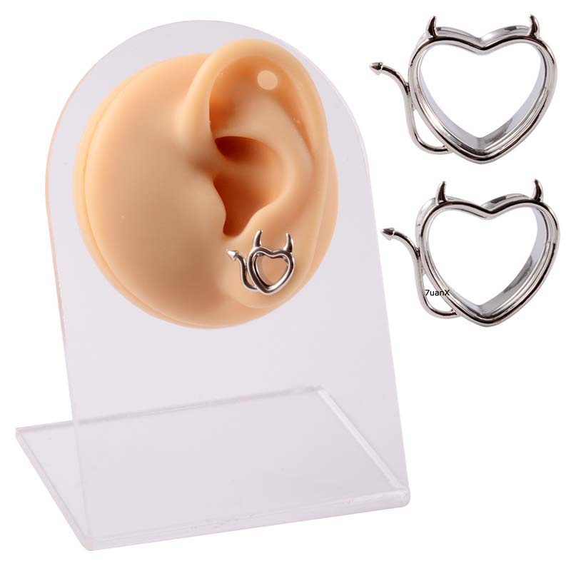 2pc Anting Tindik Bentuk Hati Devil Double Flare Bahan Stainless Steel Ukuran 8-25mm