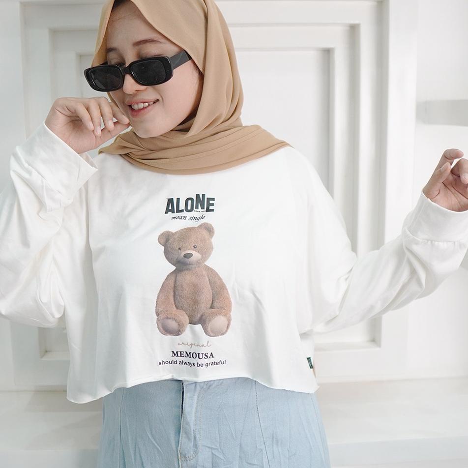 memousa Crop Top white teddy bear alone series  Long Sleeve Atasan Crop Wanita –RON.01Jl22ν