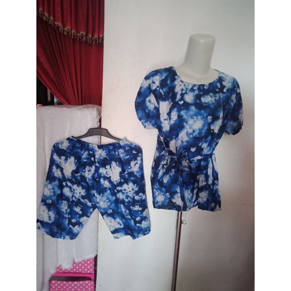 ONE SET TIE DYE SETELAN WANITA CELANA PENDEK RAYON XL BABYDOLL BALI KEKINIAN TIEDYE MOTIF KOPI-G
