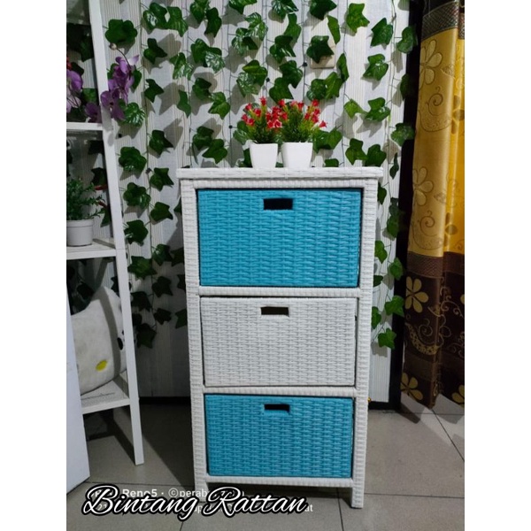 Lemari Laci Rotan Sintetis Rak Susun 3 Pintu Storage Box Termurah Terlaris Laci Minimalis Serbaguna