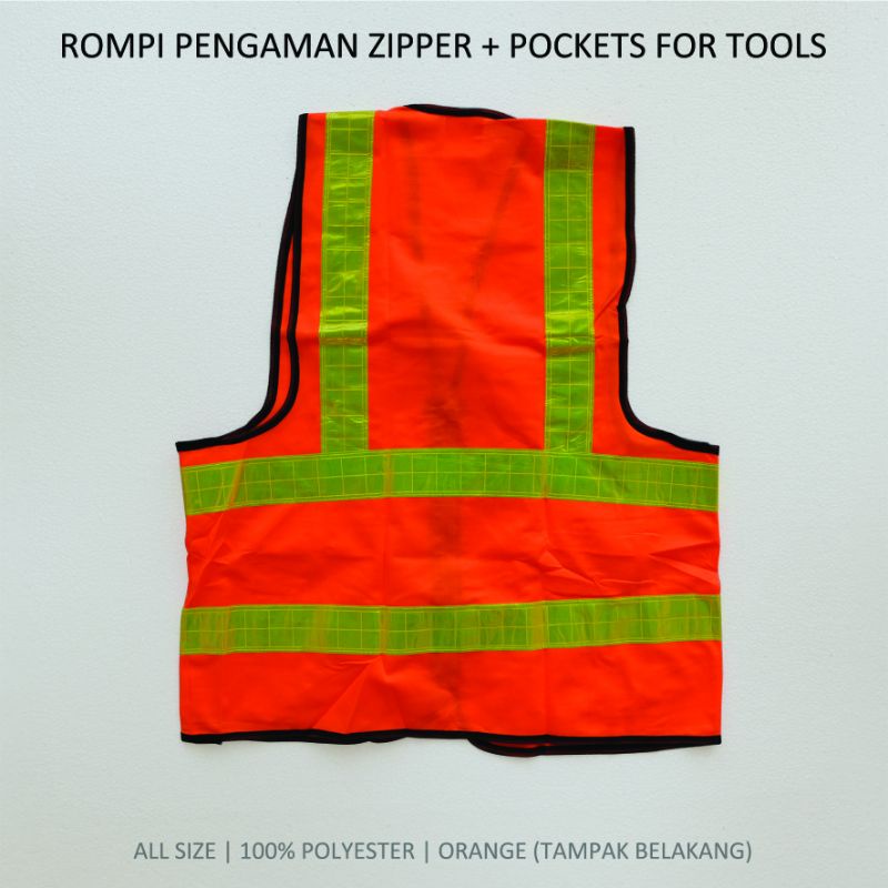 ROMPI PENGAMAN | safety vest polyester dengan zipper kantong pockets for tools mekanik