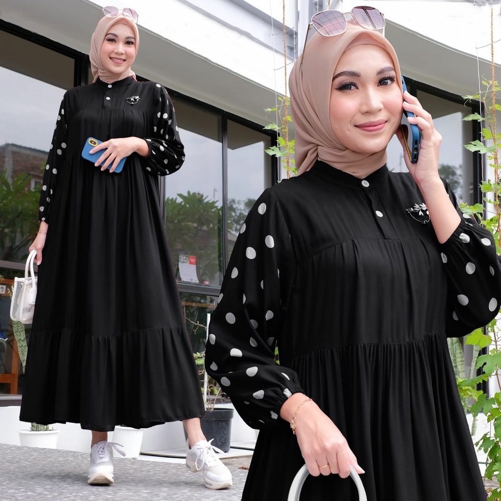 GAMIS STORE - Dasima Dress Gamis Maxy Muslim Polos Lengan Mix Polka Fit To L Premium