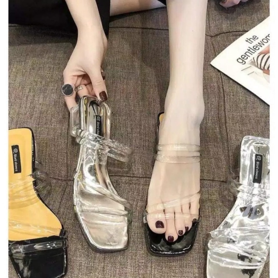 COCOD&gt;&gt;&gt;  Heels Kaca Strip Jelly /7.7 Sale Sandal Heels Kaca Jelly Silang/Sandal Heel Wanita Tali Jelly Hak Kaca