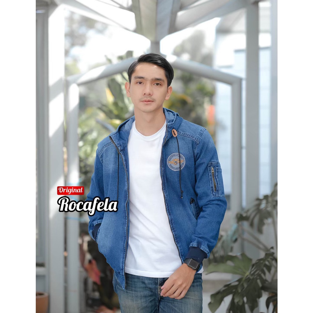 [SIAP KIRIM] JAKET JEANS PRIA KEREN TERBARU ROCAFELA TOPI / JAKET PRIA JEANS ROCAFELA HOODIE ORIGINAL / JAKET BOMBER JEANS PRIA