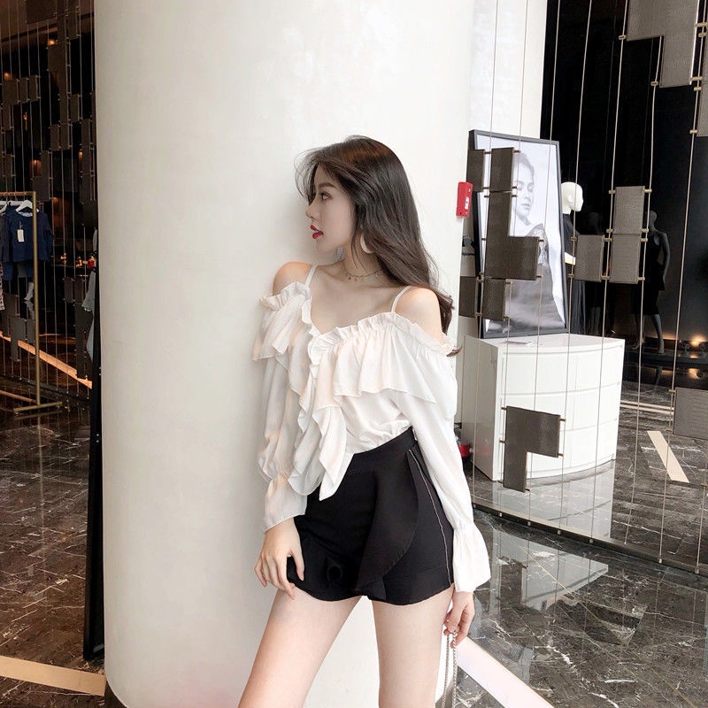 Shifon blus fairy chiffon V-neck sling blus kemeja lengan longgar mengacak-acak