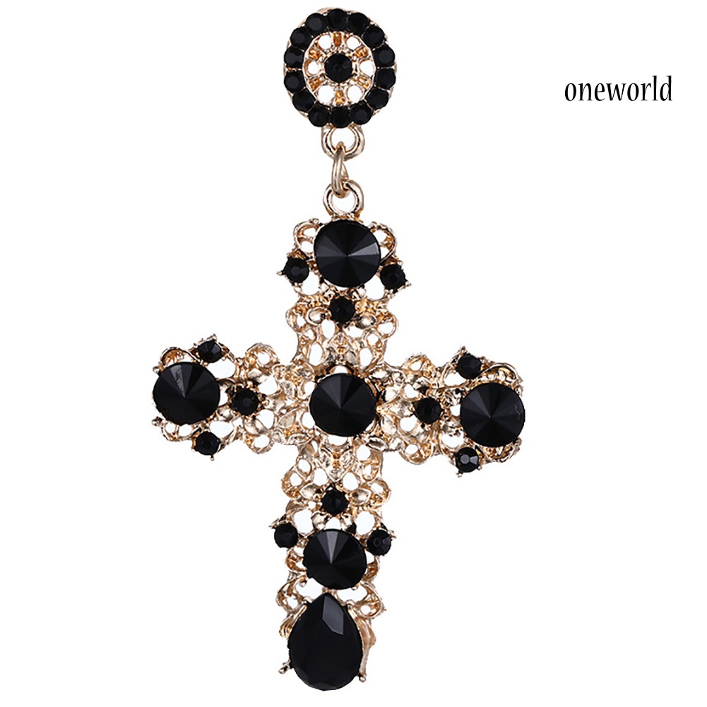 OW@ Vintage Women Rhinestone Inlaid Hollow Cross Charm Earrings Party Jewelry Gift