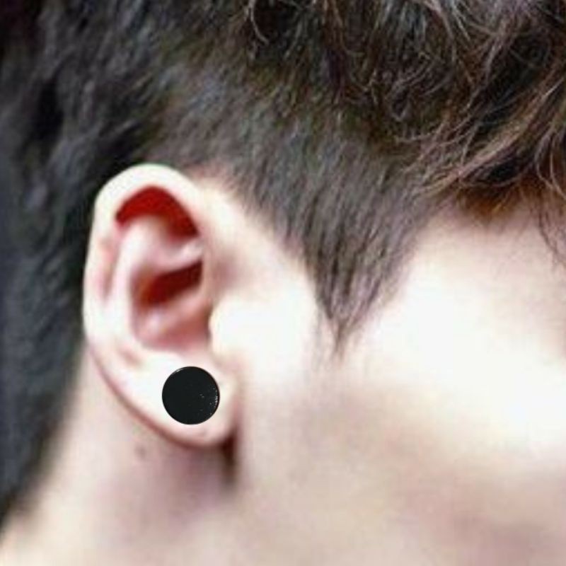 Anting Pria Cowok Magnet Hitam Stainless Bulat 1cm N2 Batam