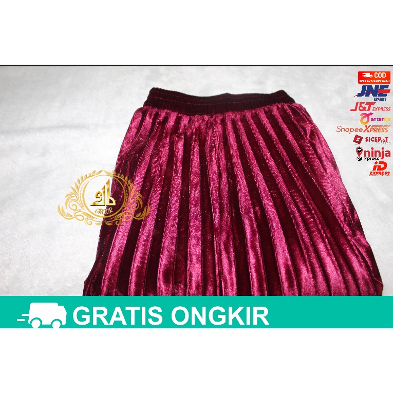 Rok Bludru Velvet Panjang Plisket Premium-ROK Panjang Maron