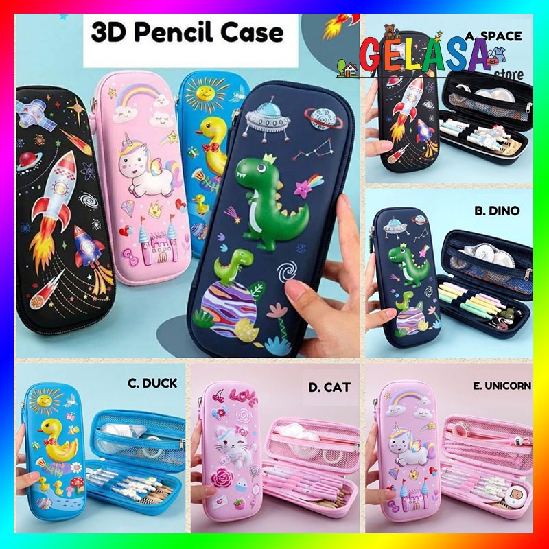 Gelasa Tempat Kotak Pensil 3D bahan EVA motif Cat Unicorn Duck Rocket Dino