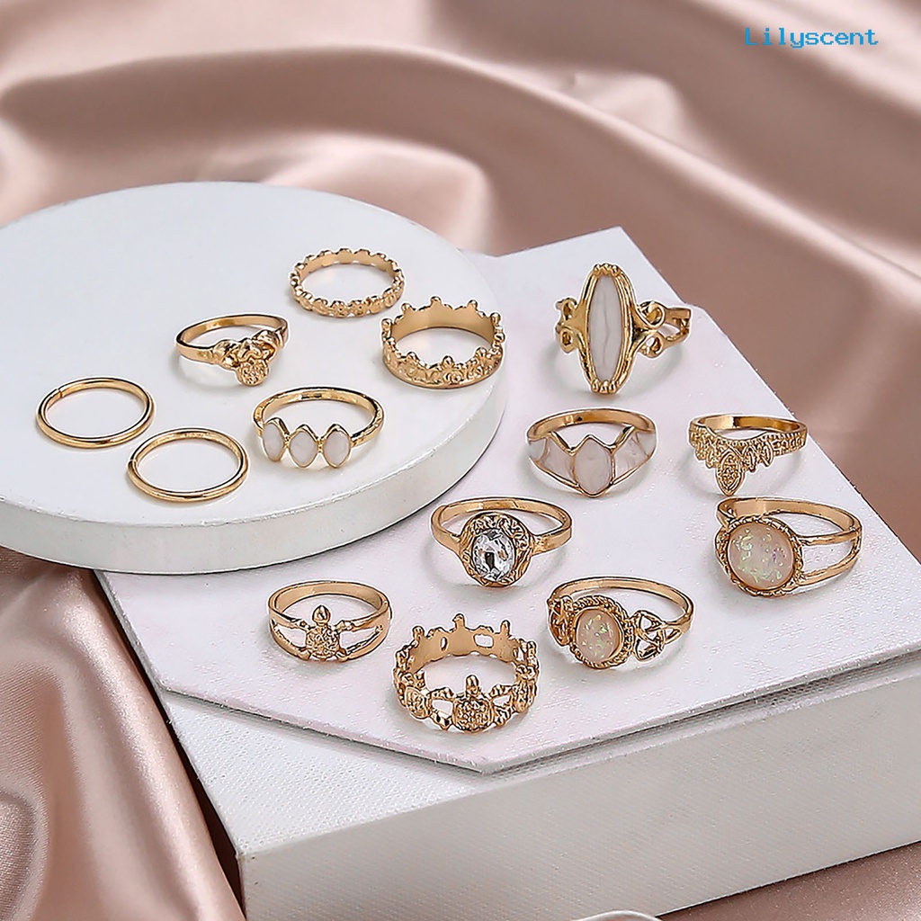 14pcs Cincin Knuckle Model Hollow Stackable Bahan Alloy Aksen Permata Imitasi Gaya Etnik