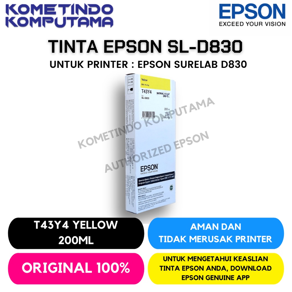 D830 Yellow TINTA CATRIDGE T43Y4 EPSON SL-D830 200ML Original 100% C13T43Y400 Kuning