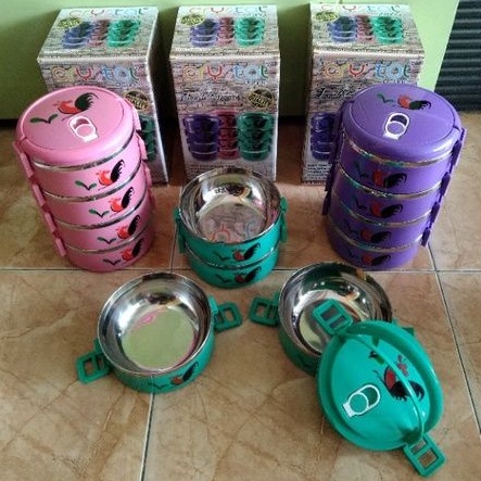 Lunch Box/ Rantang 4 Susun Crystal Motif Ayam Jago Warna
