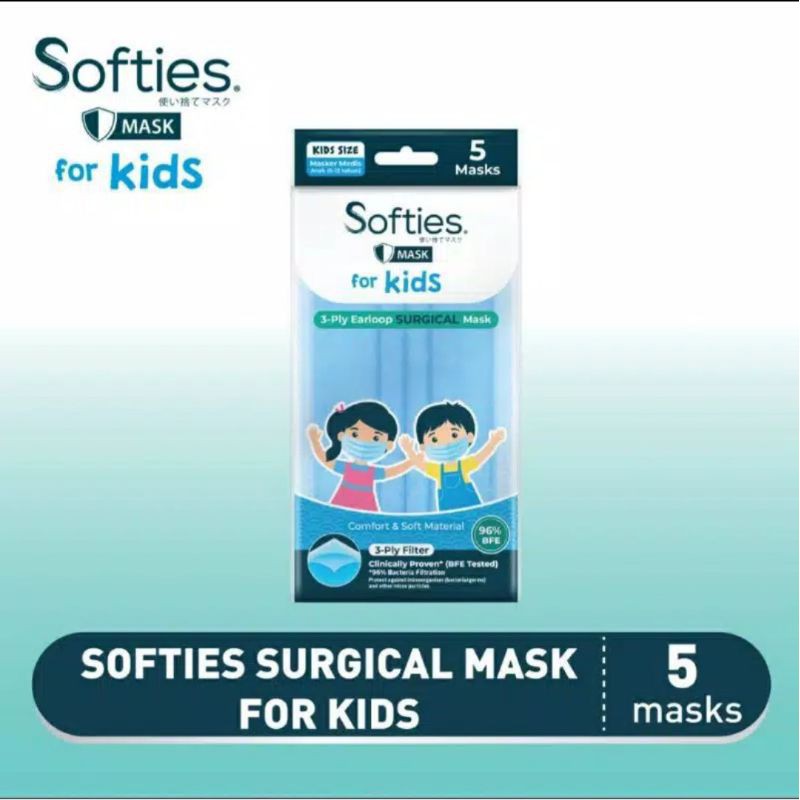 MASKER SOFTIES ANAK 1 PACK ISI 5 PCS . MASKER EARLOOP SOFTIES ANAK 1 PLASTIK ISI 5