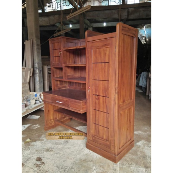 meja kerja/ meja belajar besar + lemari samping kayu jati serbaguna murah simpel