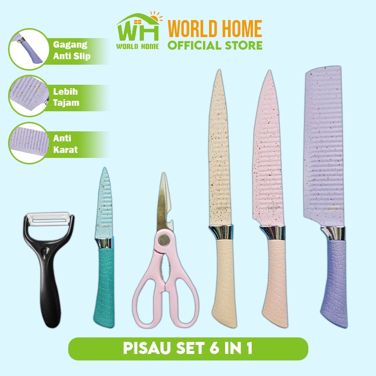 Pisau Set Isi 6 Pcs Multicolor Pisau Dapur Gagang Anti Slip Pisau Anti Karat Set Pisau Talenan 5 in 1
