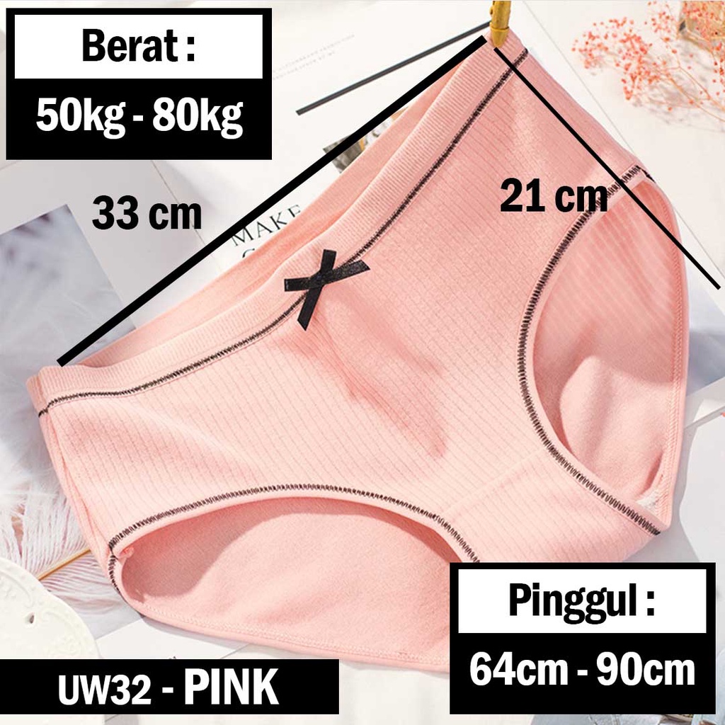 3SP | UW32 Celana Dalam Remaja Wanita Garis Polos Pita List Hitam Fashion Korea Import-Pink