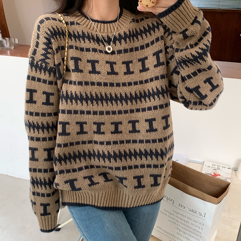 Sweater Pullover Leher Bulat Jacquard Longgar Yang Chic Untuk Wanita