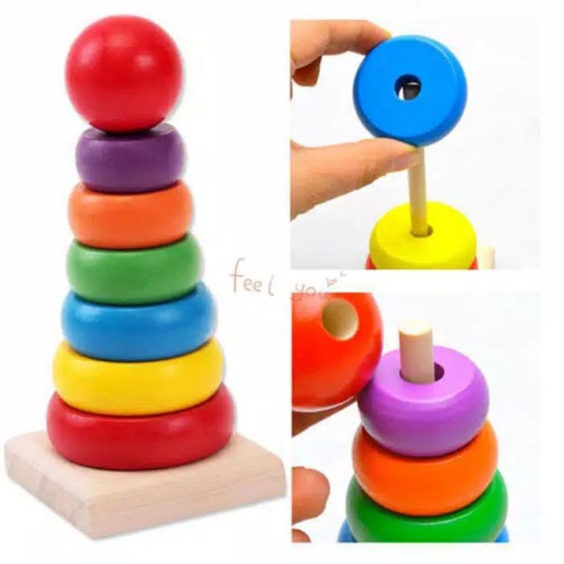 Puzzle Kayu Rainbow Tower Menara Pelangi Ring Donat Kayu