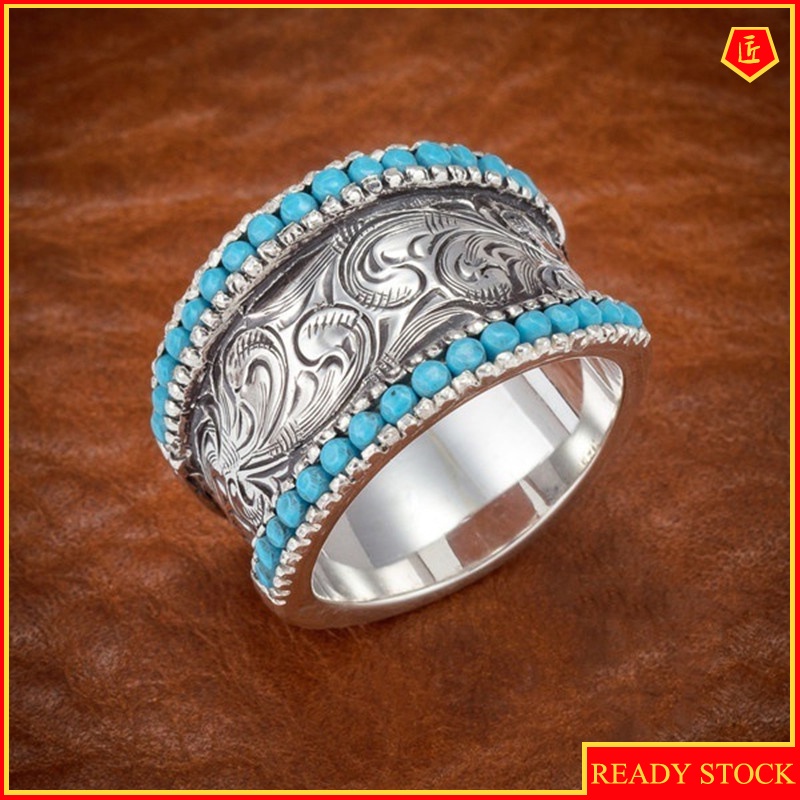 [Ready Stock]Simple Fashion Inlaid Turquoise Carved Ring